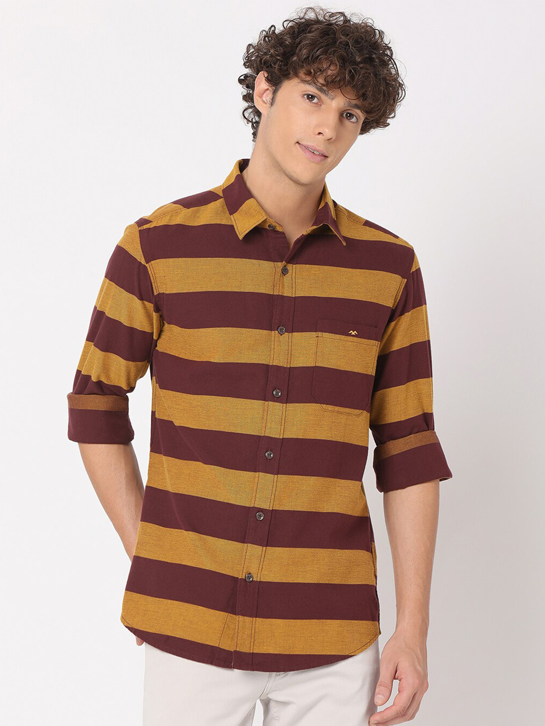 

Mufti Men Classic Horizontal Stripes Slim Fit Pure Cotton Casual Shirt, Burgundy