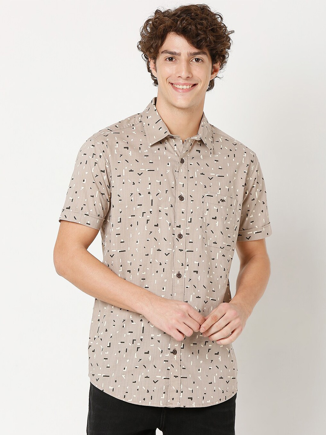 

Mufti Men Classic Slim Fit Printed Casual Shirt, Khaki