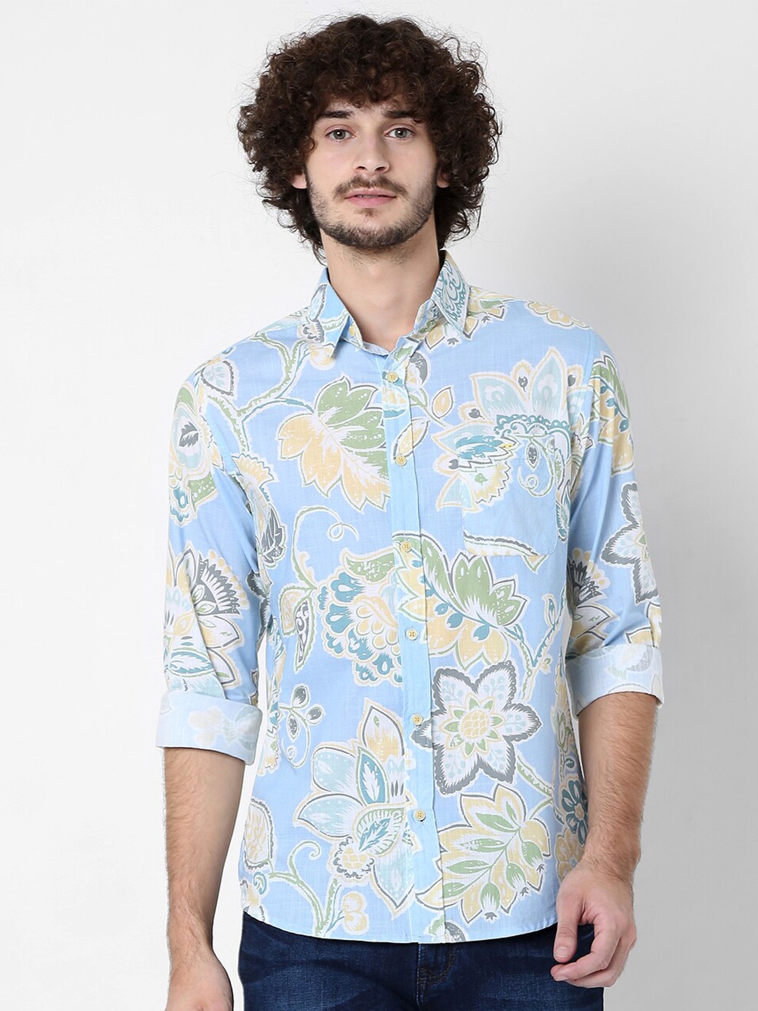 

Mufti Men Classic Slim Fit Floral Printed Pure Cotton Casual Shirt, Blue