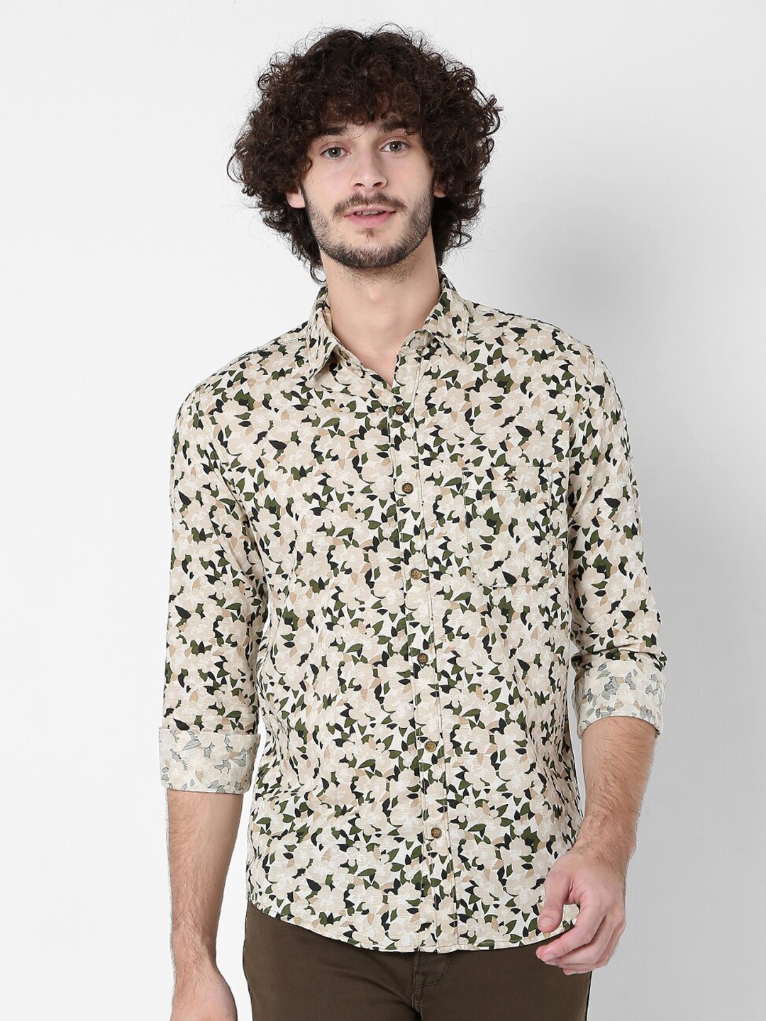 

Mufti Men Plus Size Classic Slim Fit Floral Printed Casual Shirt, Olive