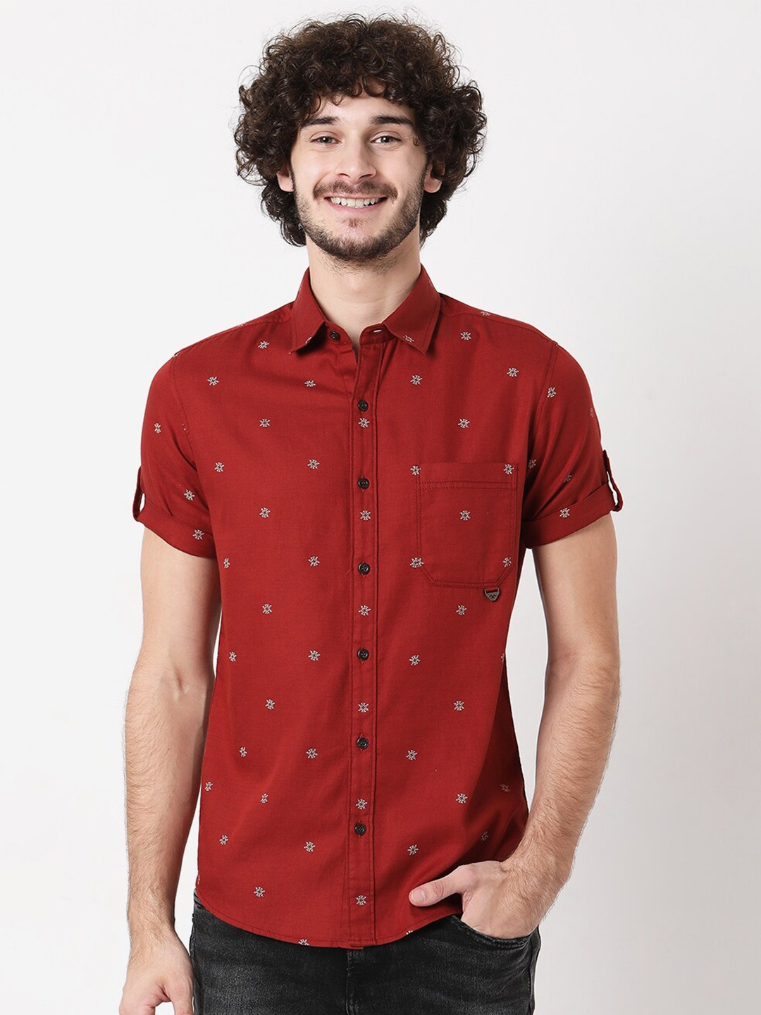 

Mufti Men Plus Size Green Classic Slim Fit Printed Casual Shirt, Rust