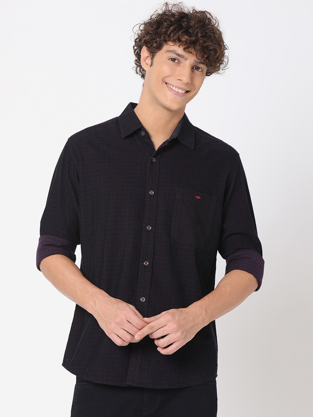 

Mufti Men Plus Size Classic Slim Fit Checked Pure Cotton Casual Shirt, Navy blue