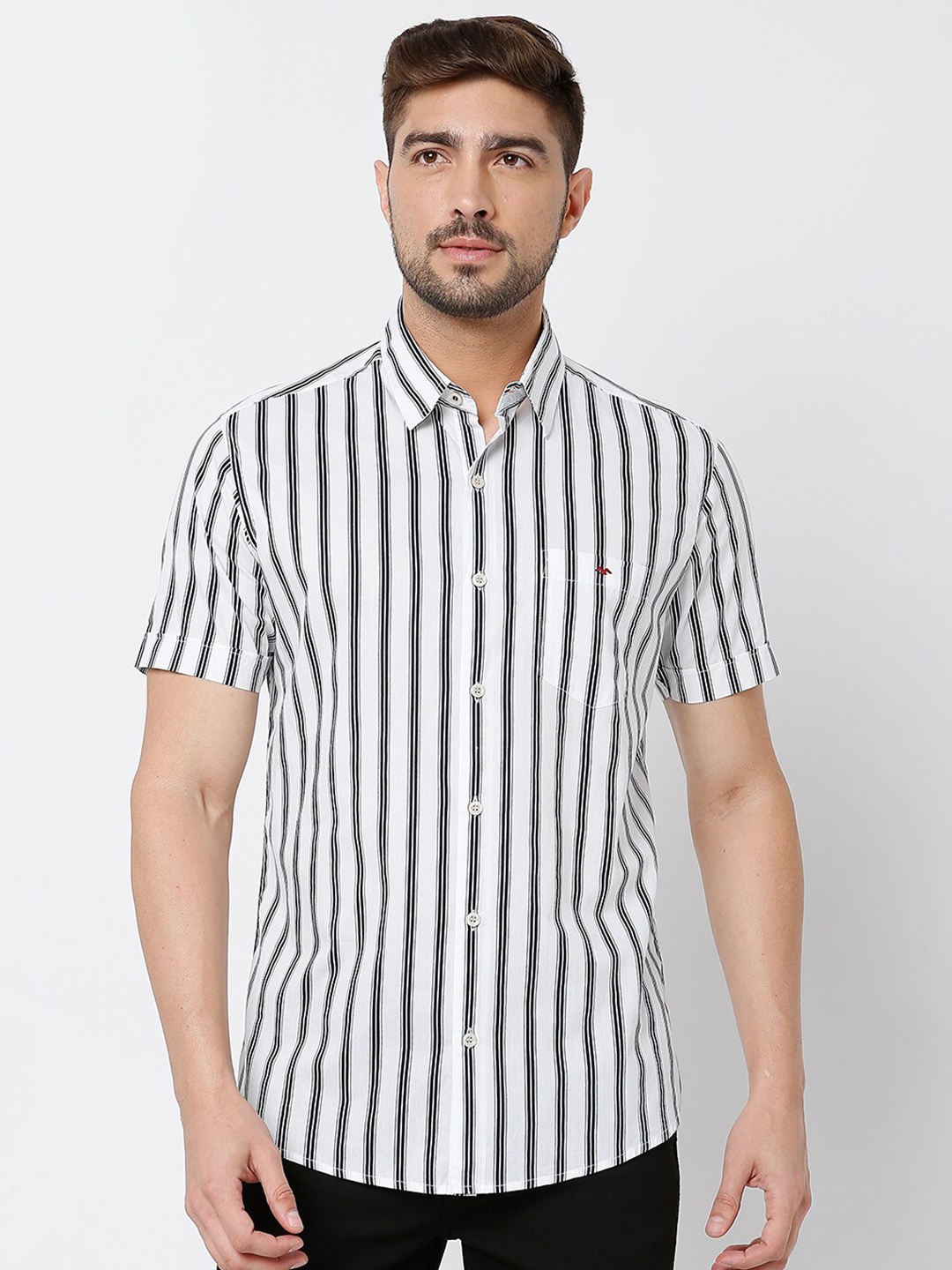 

Mufti Men Plus Size Classic Slim Fit Striped Pure Cotton Casual Shirt, White