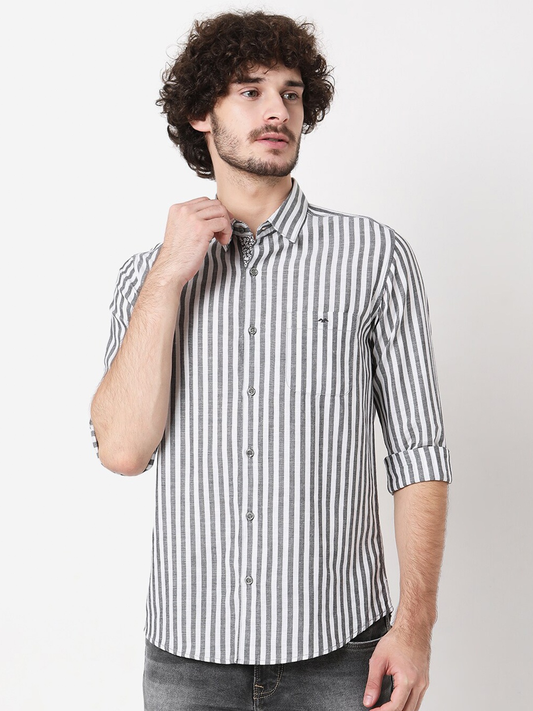

Mufti Men Plus Size Classic Slim Fit Striped Casual Shirt, Charcoal