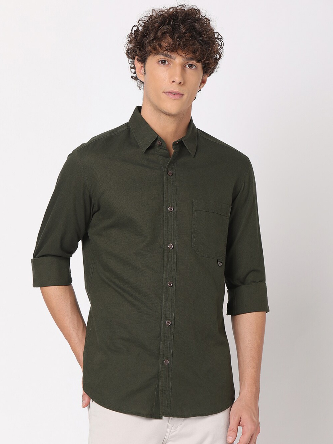 

Mufti Men Solid Classic Slim Fit Casual Shirt, Olive