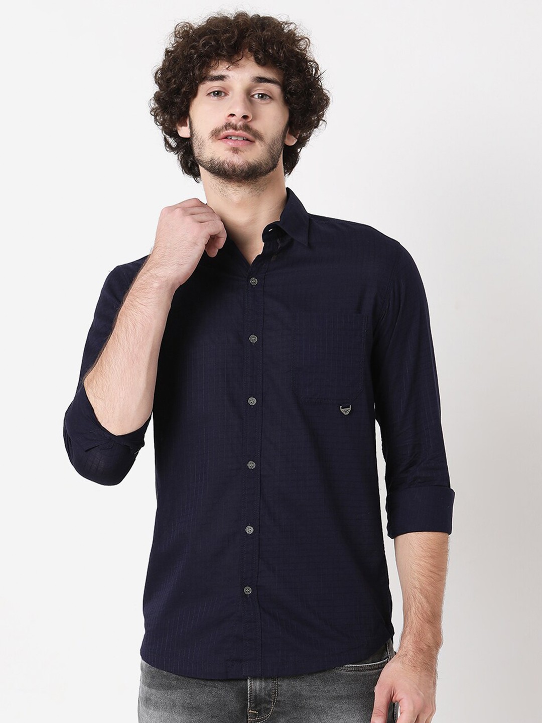 

Mufti Men Classic Slim Fit Checked Casual Shirt, Navy blue