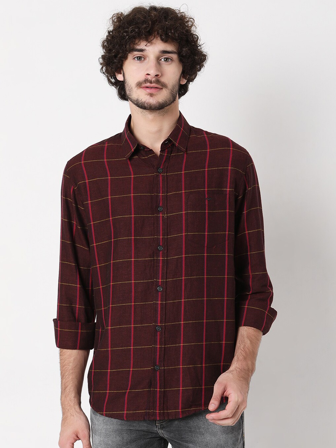 

Mufti Men Classic Slim Fit Windowpane Checks Casual Shirt, Burgundy