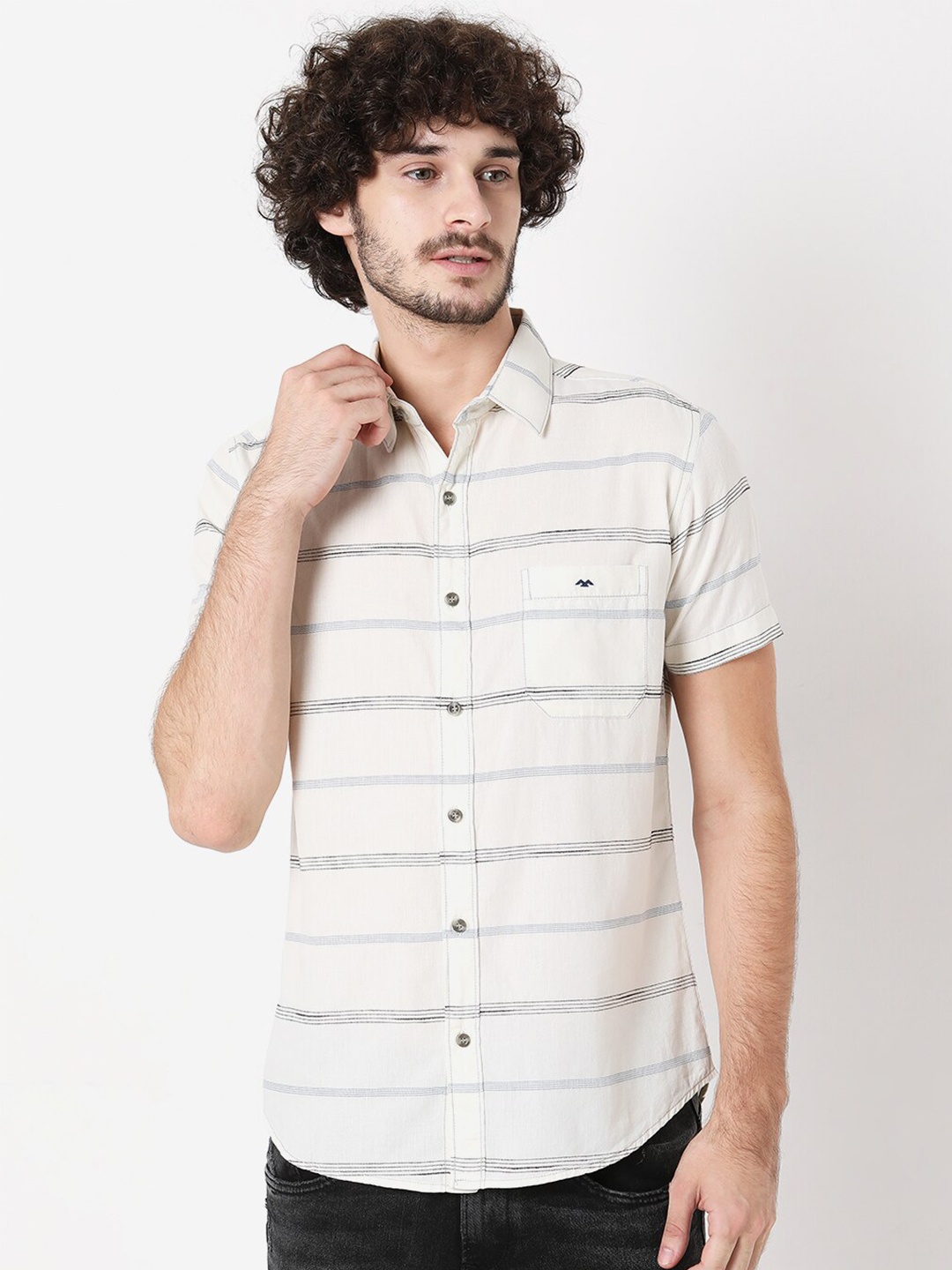 

Mufti Men Classic Slim Fit Horizontal Stripes Casual Shirt, Off white