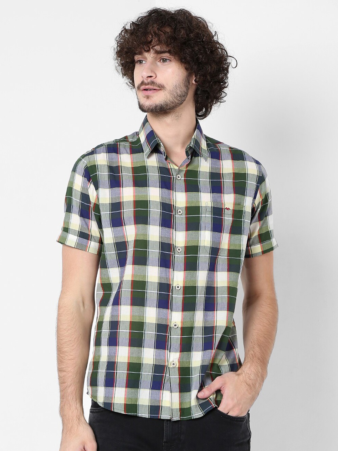 

Mufti Men Classic Slim Fit Checked Casual Cotton Shirt, Olive