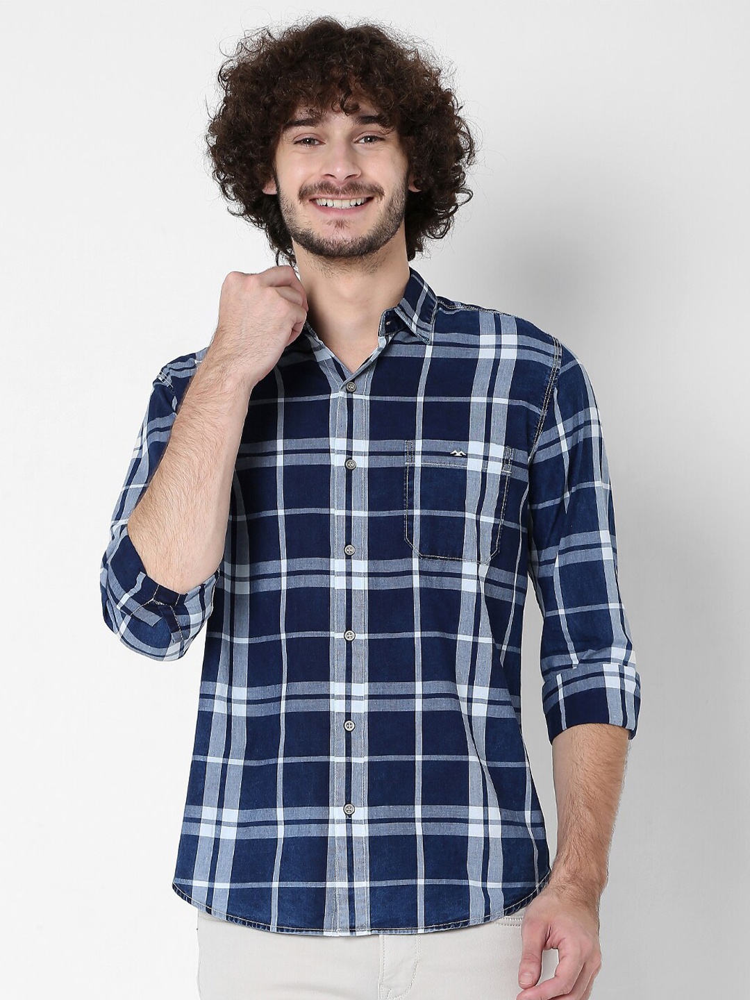 

Mufti Men Classic Slim Fit Tartan Checked Casual Cotton Shirt, Navy blue