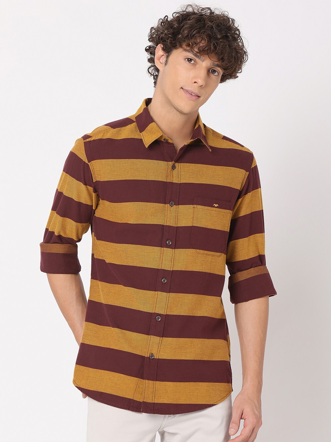 

Mufti Men Classic Slim Fit Horizontal Striped Casual Cotton Shirt, Maroon