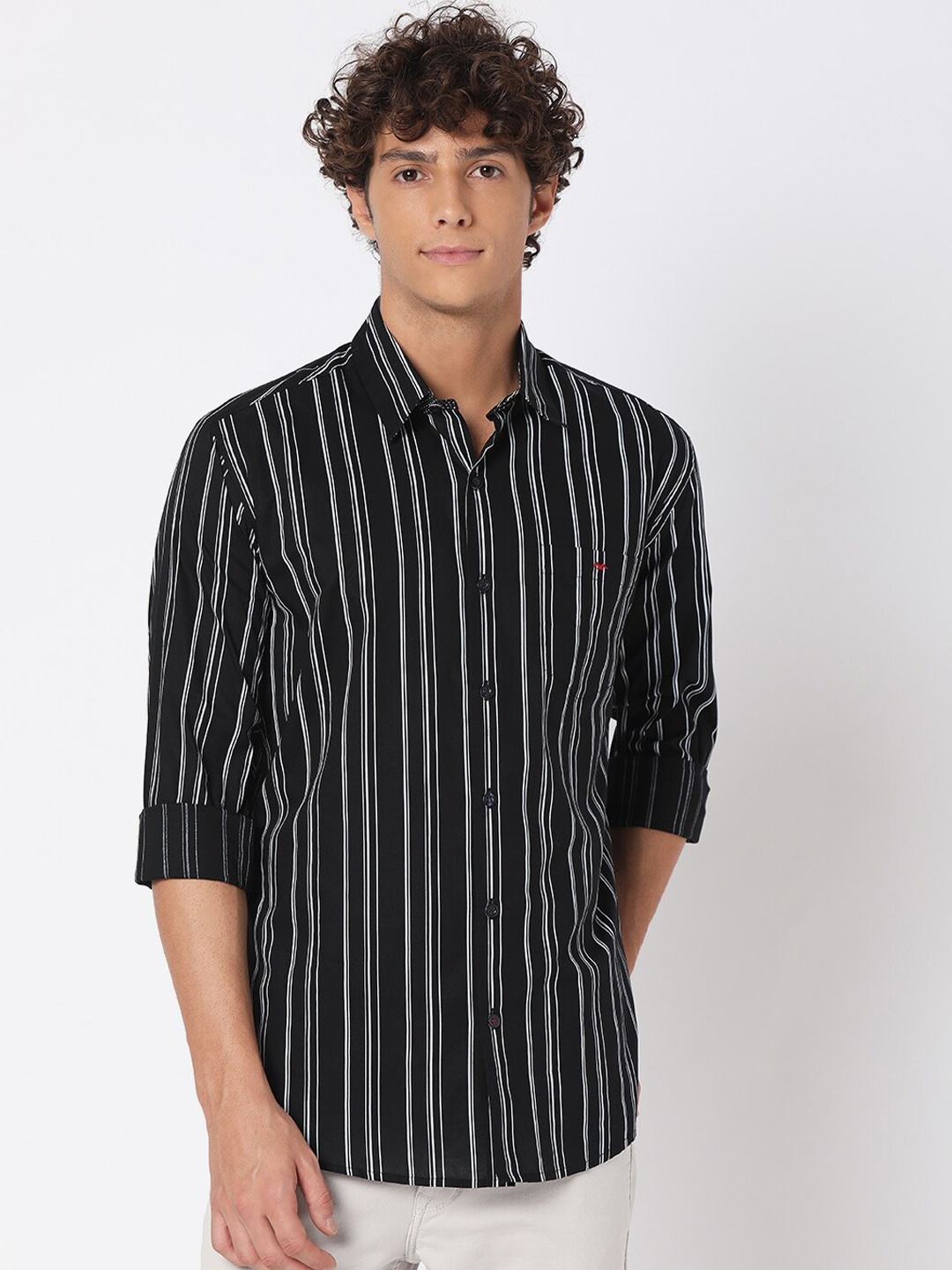 

Mufti Men Classic Slim Fit Striped Casual Cotton Shirt, Black