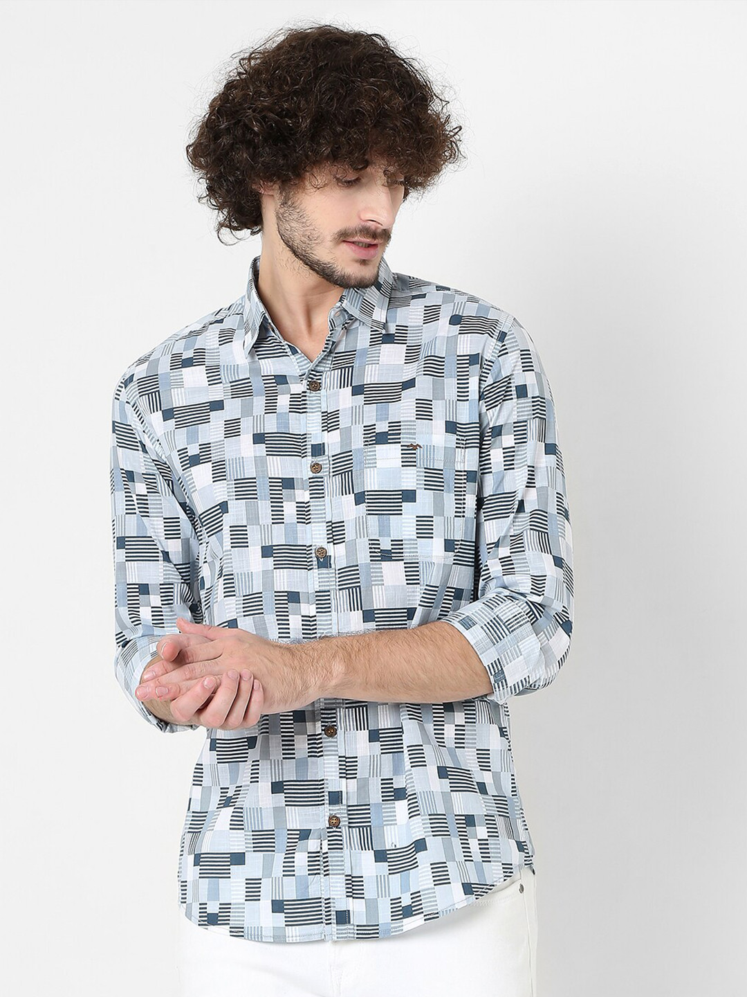 

Mufti Men Classic Slim Fit Printed Casual Cotton Shirt, Grey