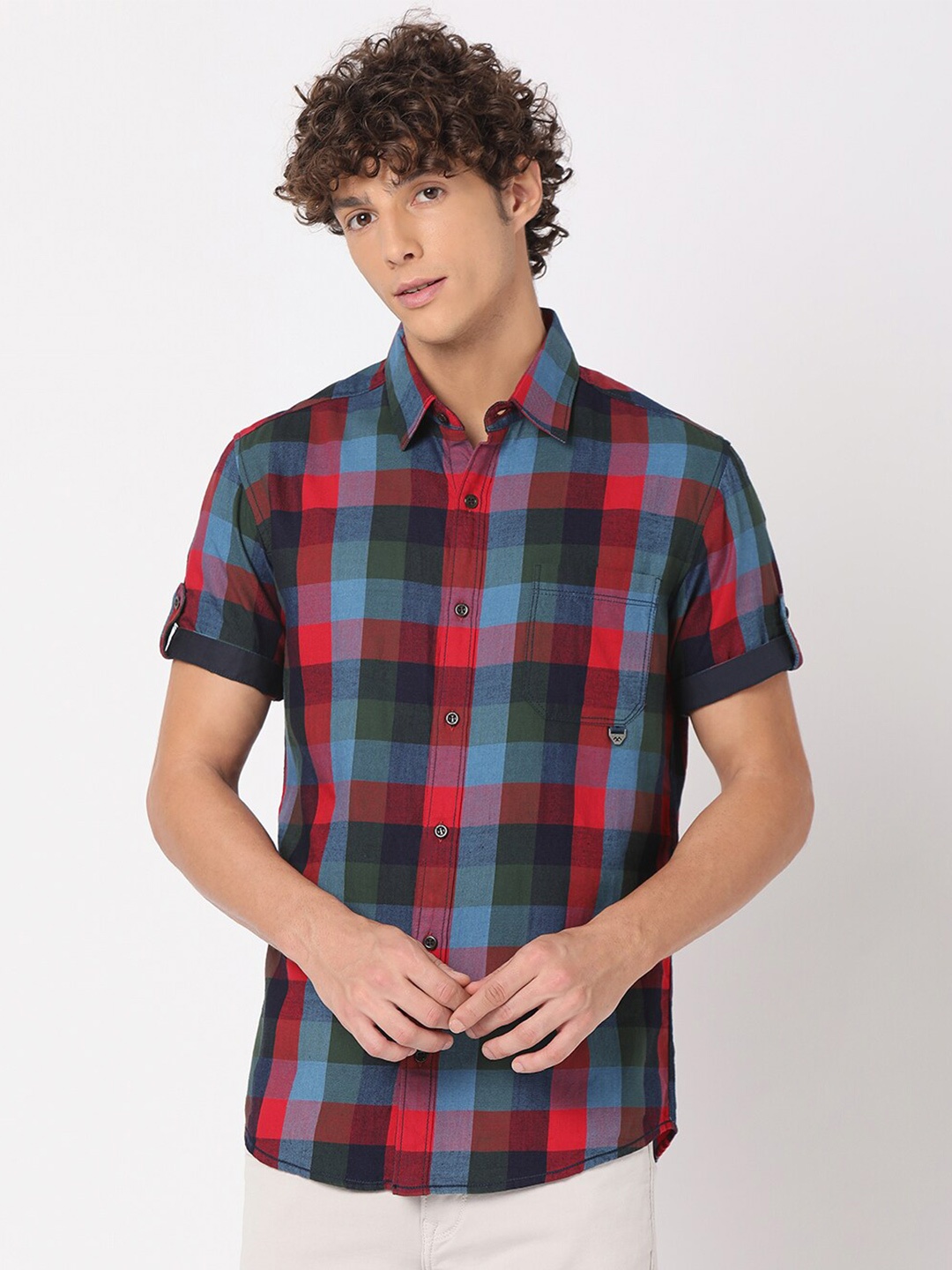

Mufti Men Classic Slim Fit Buffalo Checked Casual Cotton Shirt, Red