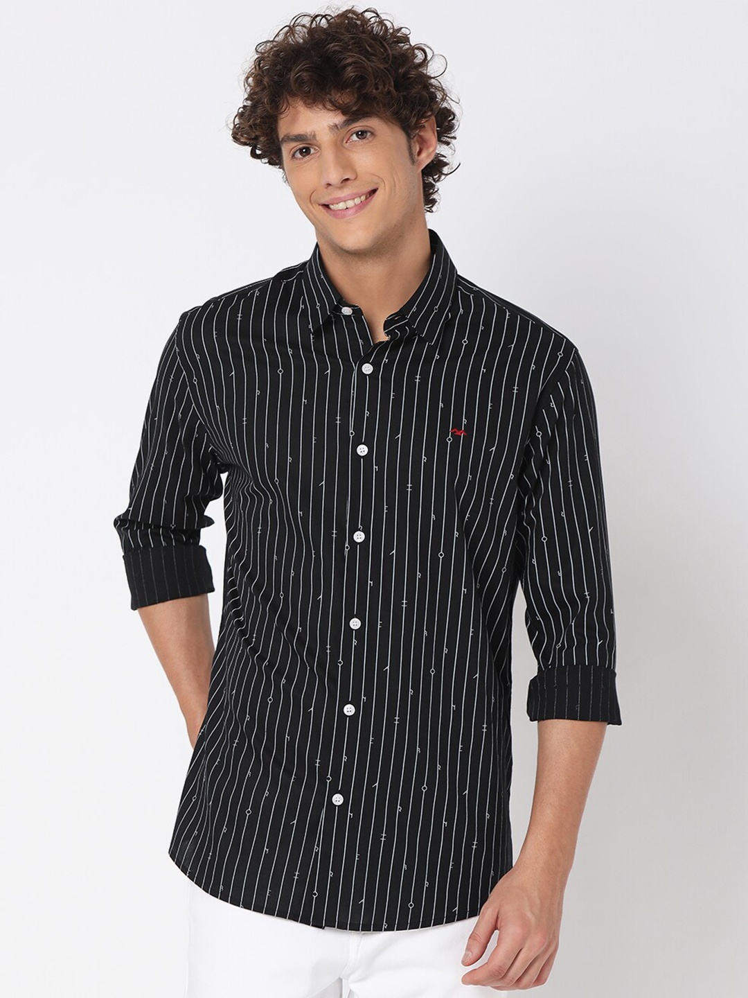 

Mufti Men Classic Slim Fit Striped Casual Cotton Shirt, Black