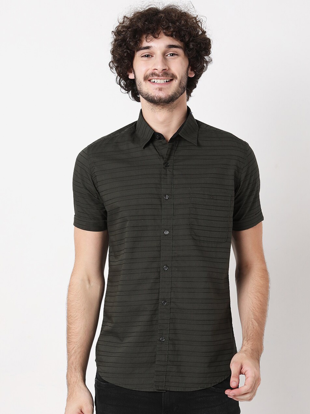 

Mufti Men Classic Slim Fit Horizontal Striped Casual Cotton Shirt, Olive