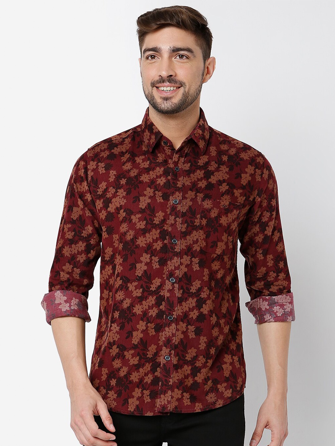 

Mufti Men Classic Slim Fit Floral Printed Casual Cotton Shirt, Maroon