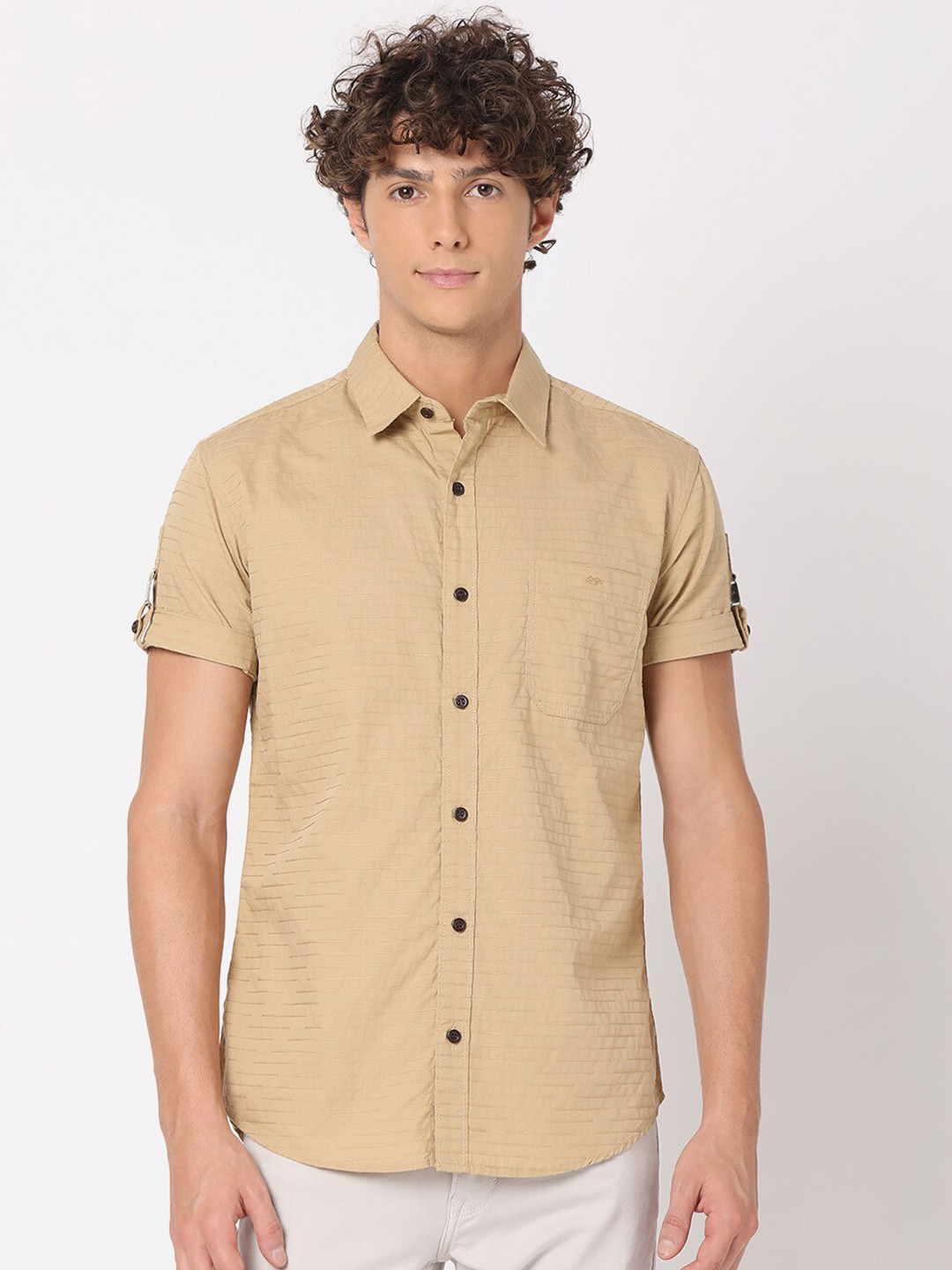 

Mufti Men Solid Classic Slim Fit Casual Cotton Shirt, Khaki