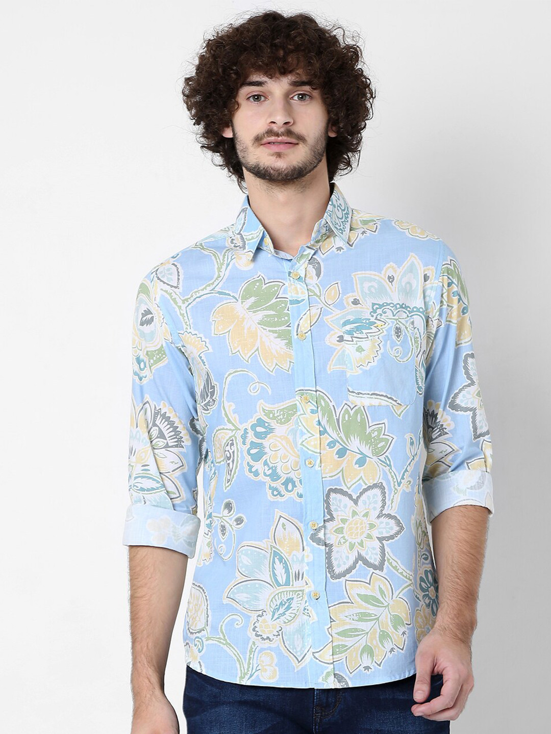 

Mufti Men Classic Slim Fit Floral Printed Casual Cotton Shirt, Blue