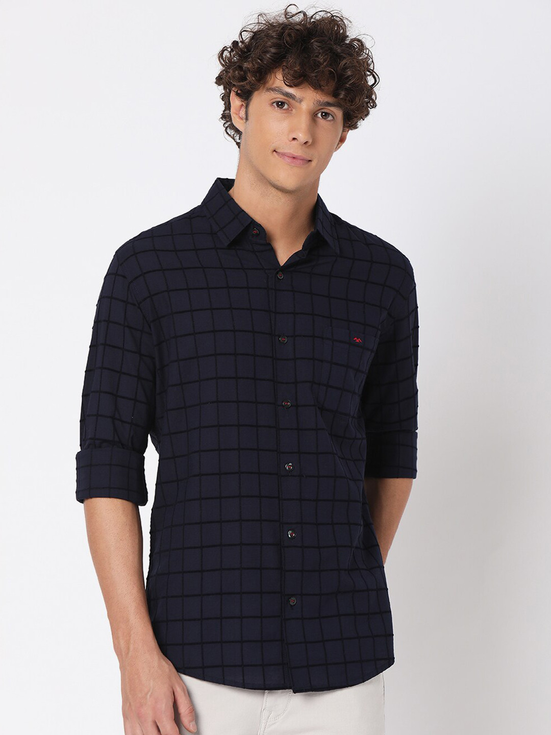 

Mufti Men Classic Slim Fit Grid Tattersall Checked Casual Cotton Shirt, Navy blue