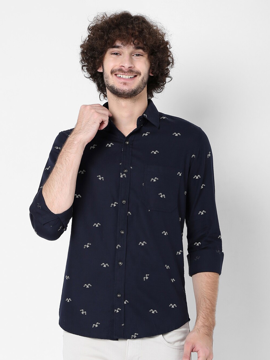 

Mufti Men Classic Slim Fit Printed Casual Cotton Shirt, Navy blue