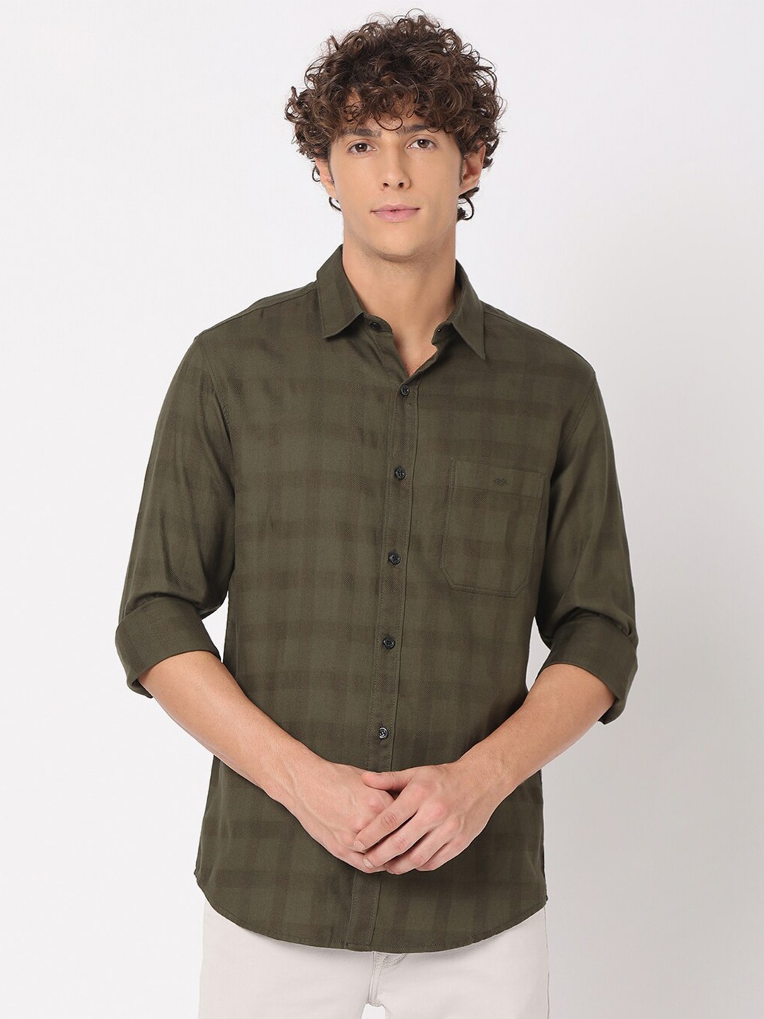 

Mufti Men Classic Slim Fit Buffalo Checked Casual Cotton Shirt, Olive