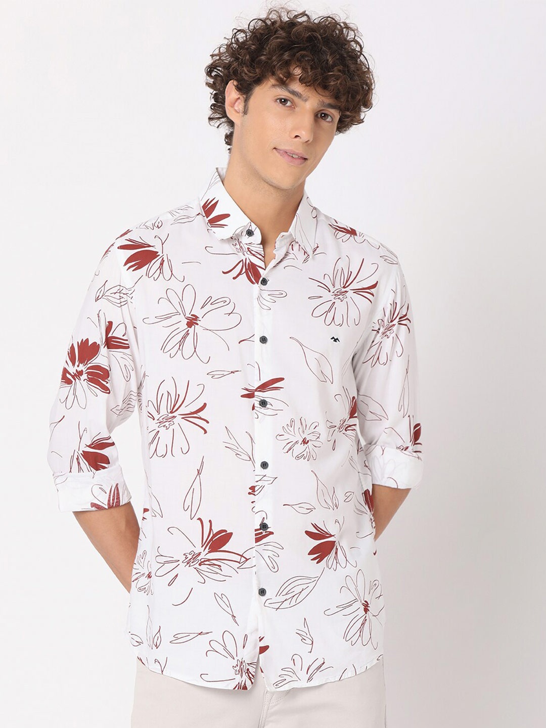 

Mufti Men Classic Slim Fit Floral Printed Casual Cotton Shirt, White