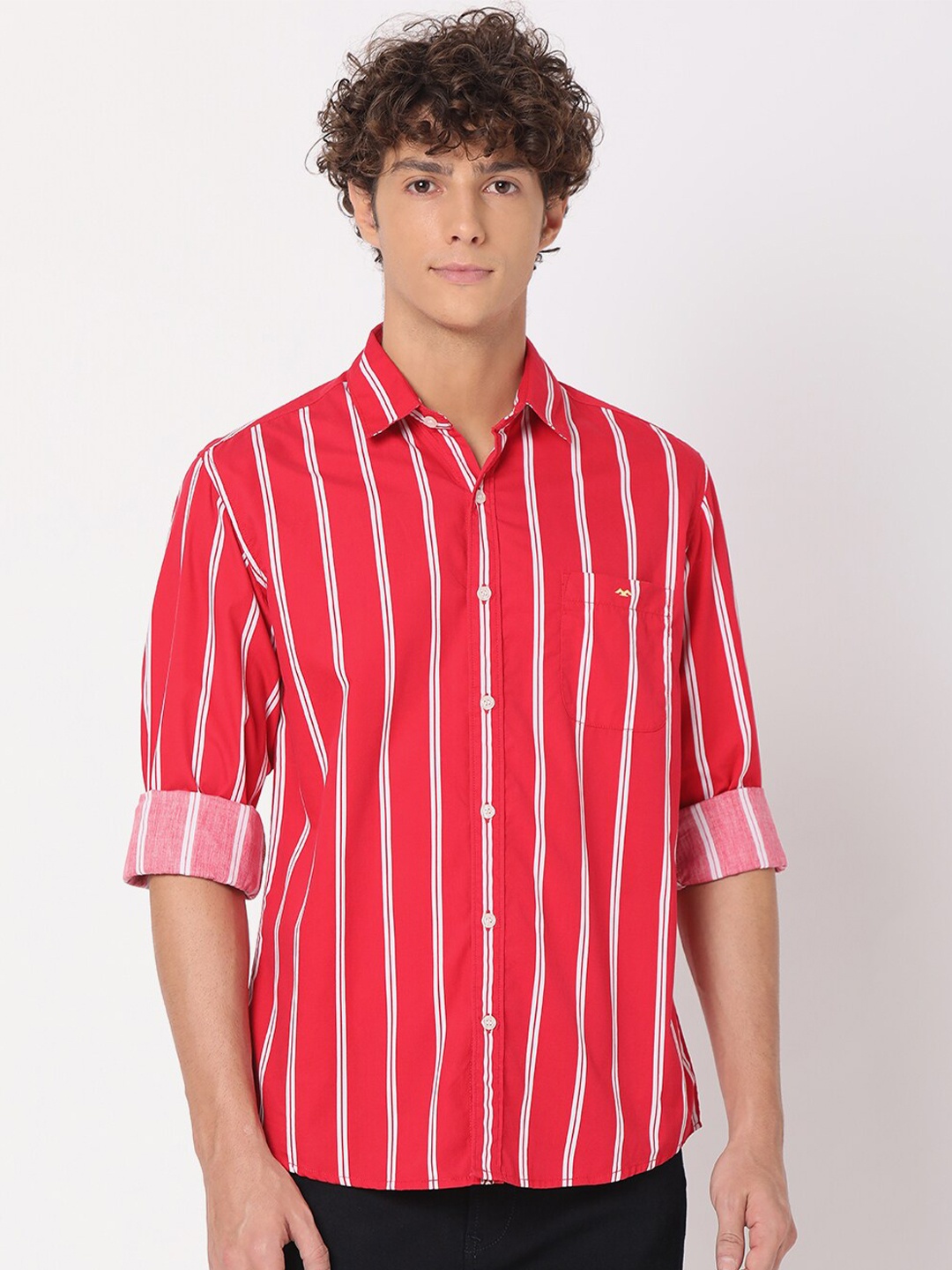 

Mufti Men Classic Slim Fit Striped Casual Cotton Shirt, Red
