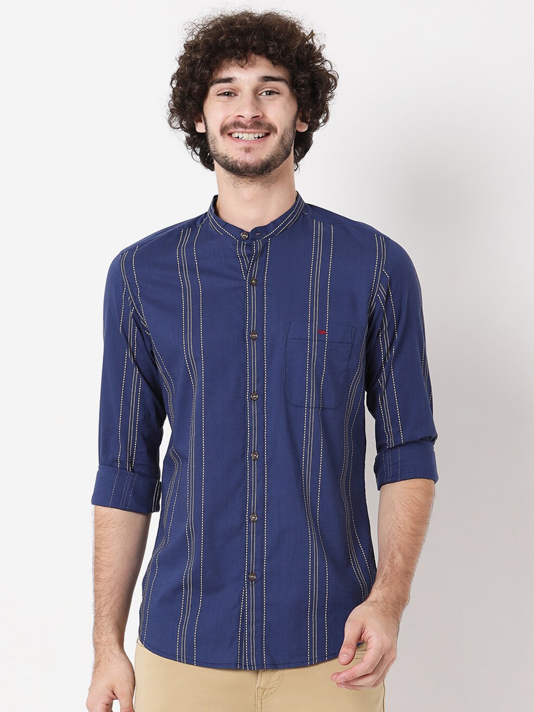 

Mufti Men Classic Slim Fit Striped Casual Cotton Shirt, Navy blue