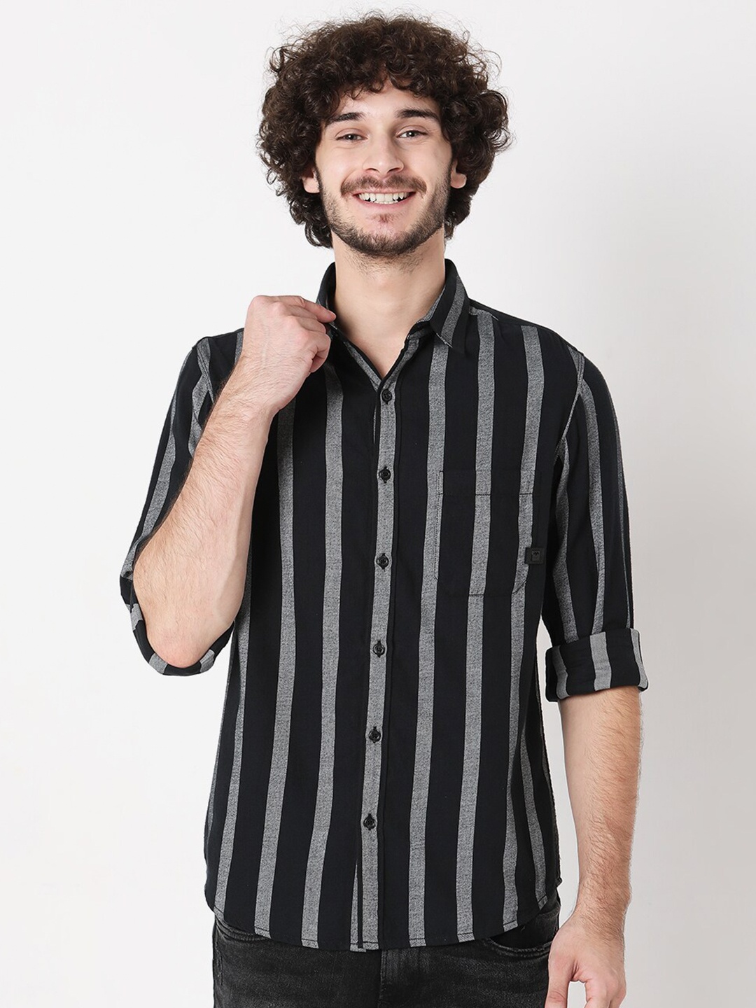 

Mufti Men Plus Size Classic Striped Slim Fit Pure Cotton Casual Shirt, Black