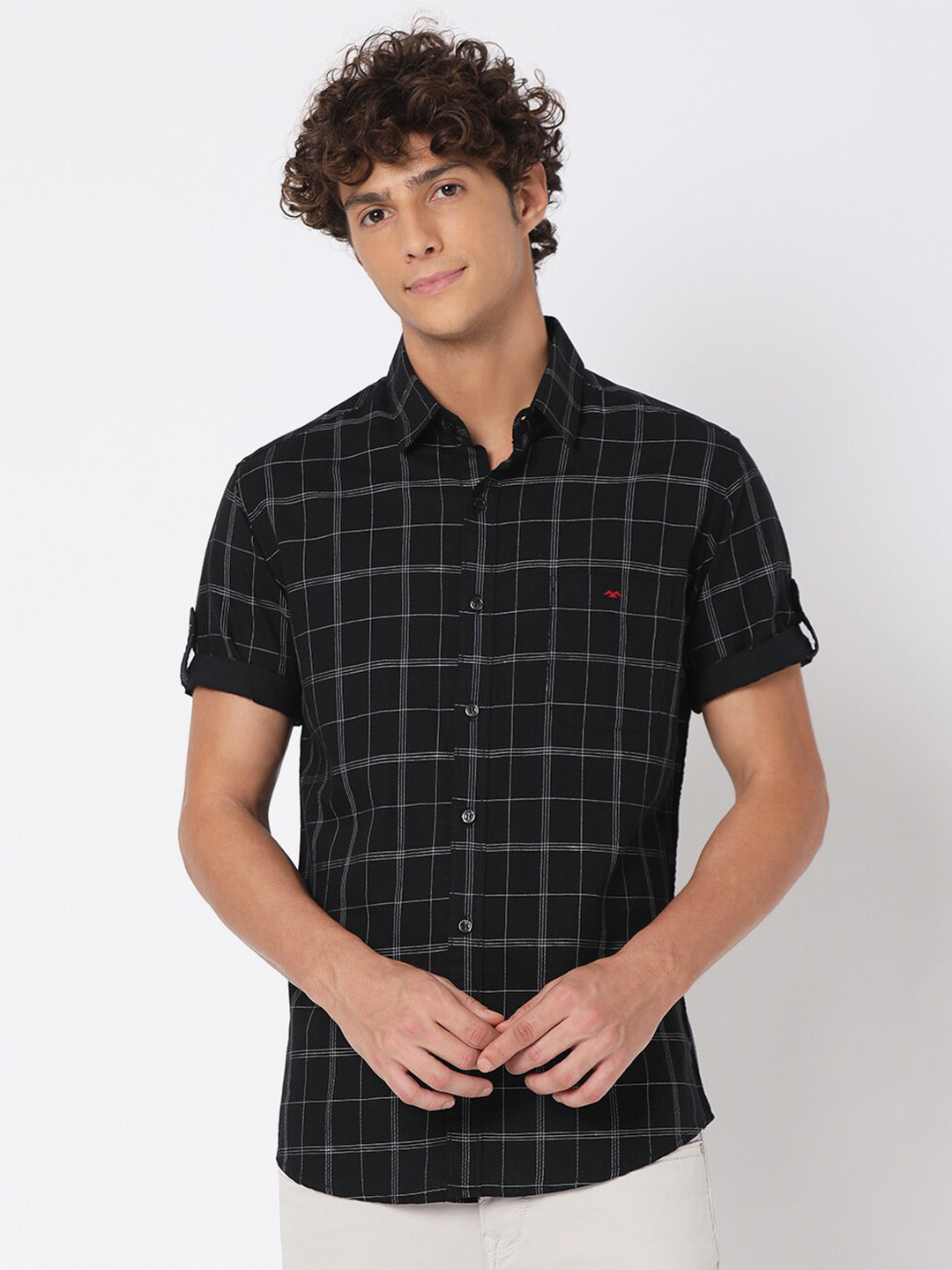 

Mufti Men Classic Checked Slim Fit Pure Cotton Casual Shirt, Black