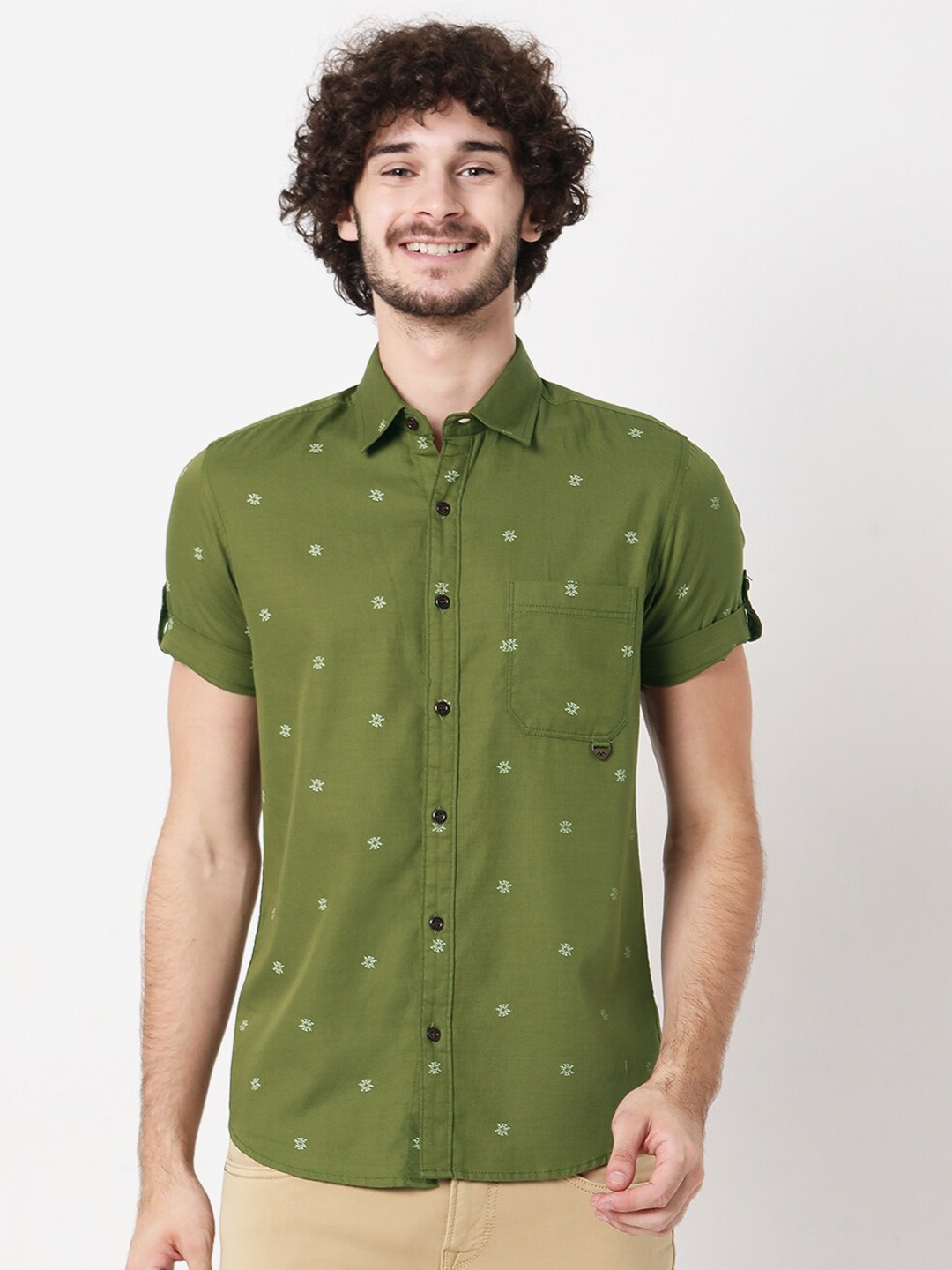 

Mufti Men Classic Conversational Printed Slim Fit Pure Cotton Casual Shirt, Olive