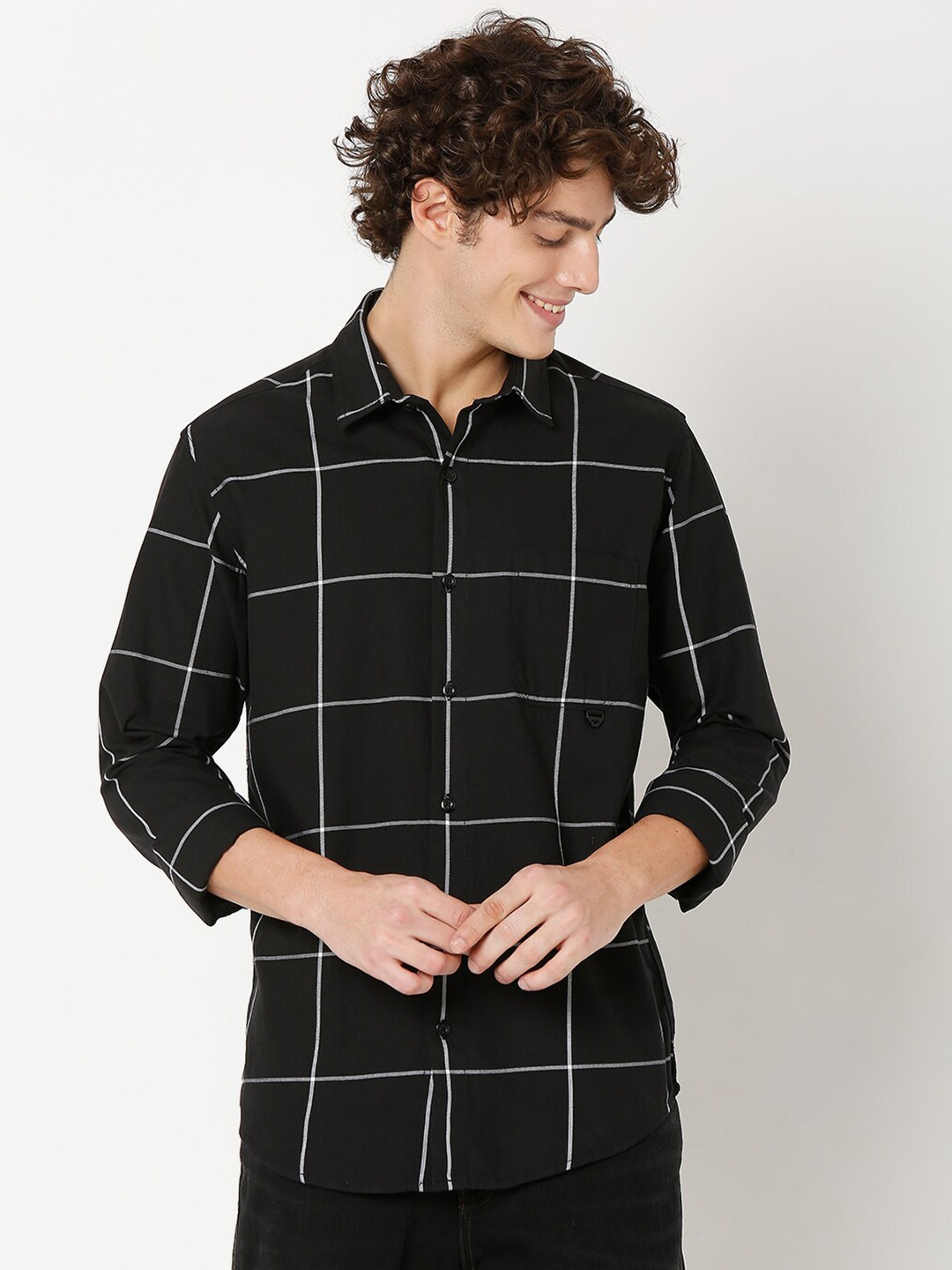 

Mufti Men Classic Windowpane Checks Slim Fit Pure Cotton Casual Shirt, Black