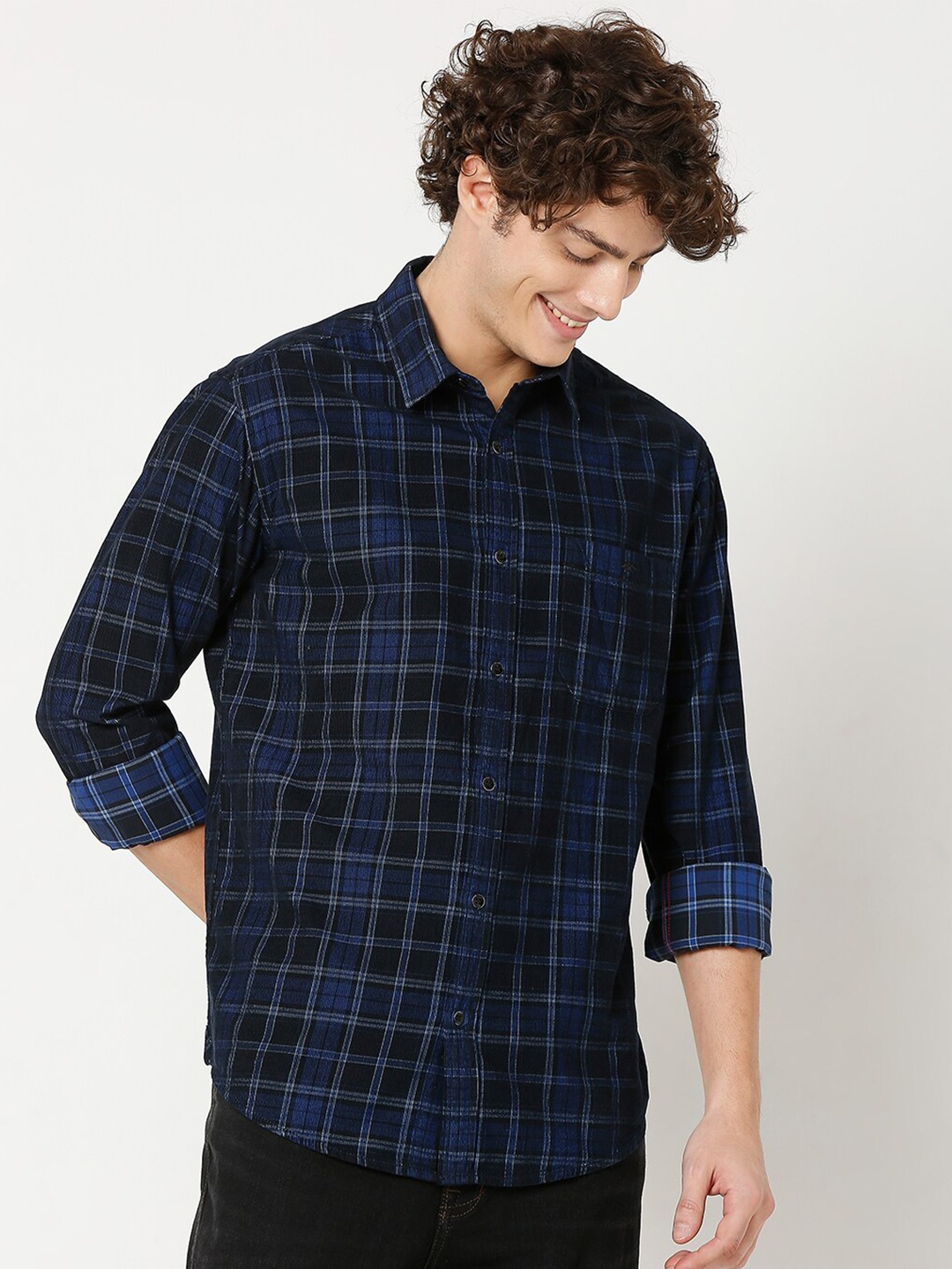 

Mufti Men Plus Size Classic Tartan Checks Slim Fit Pure Cotton Casual Shirt, Navy blue