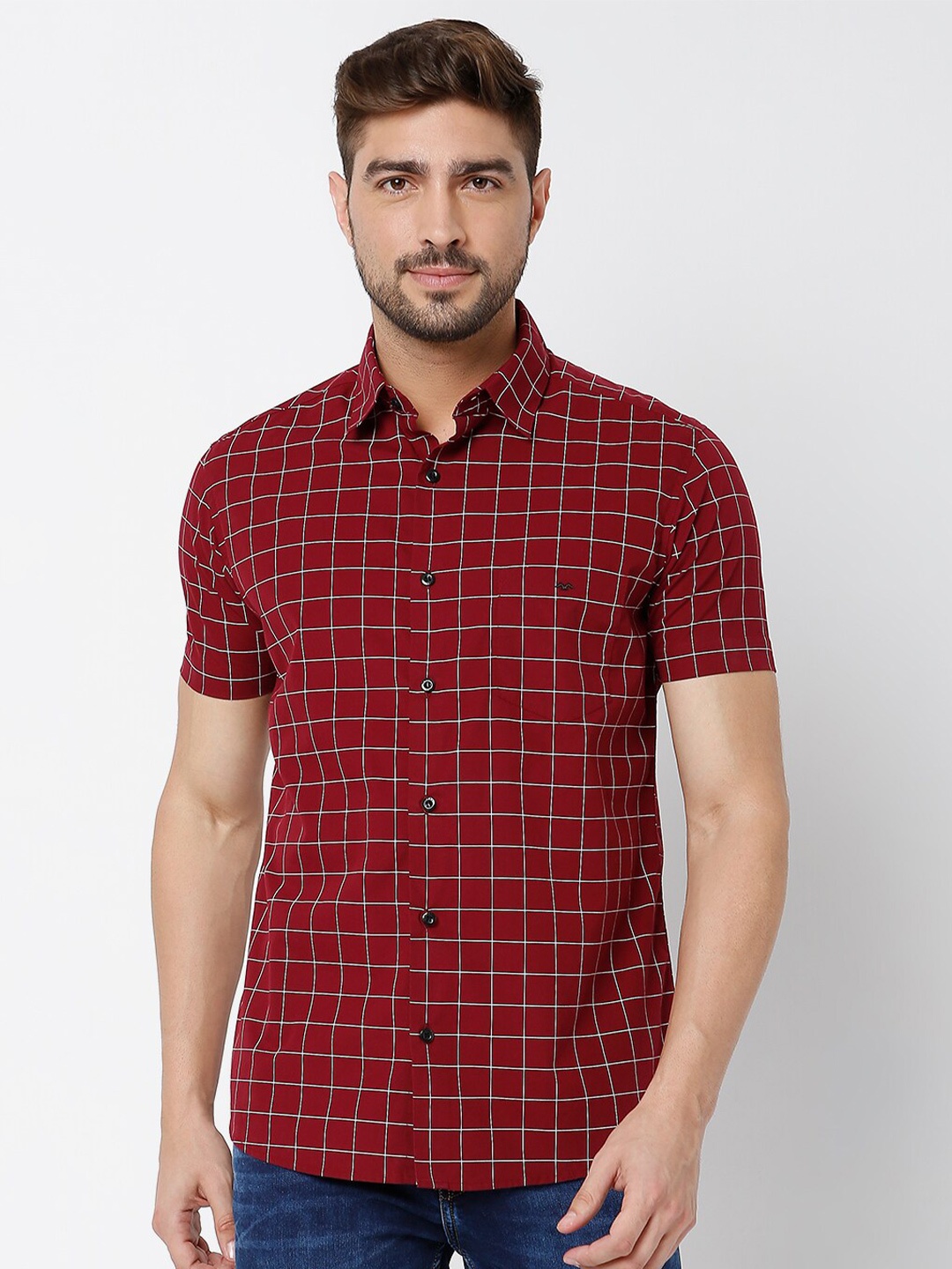 

Mufti Men Classic Slim Fit Windowpane Checked Casual Shirt, Maroon