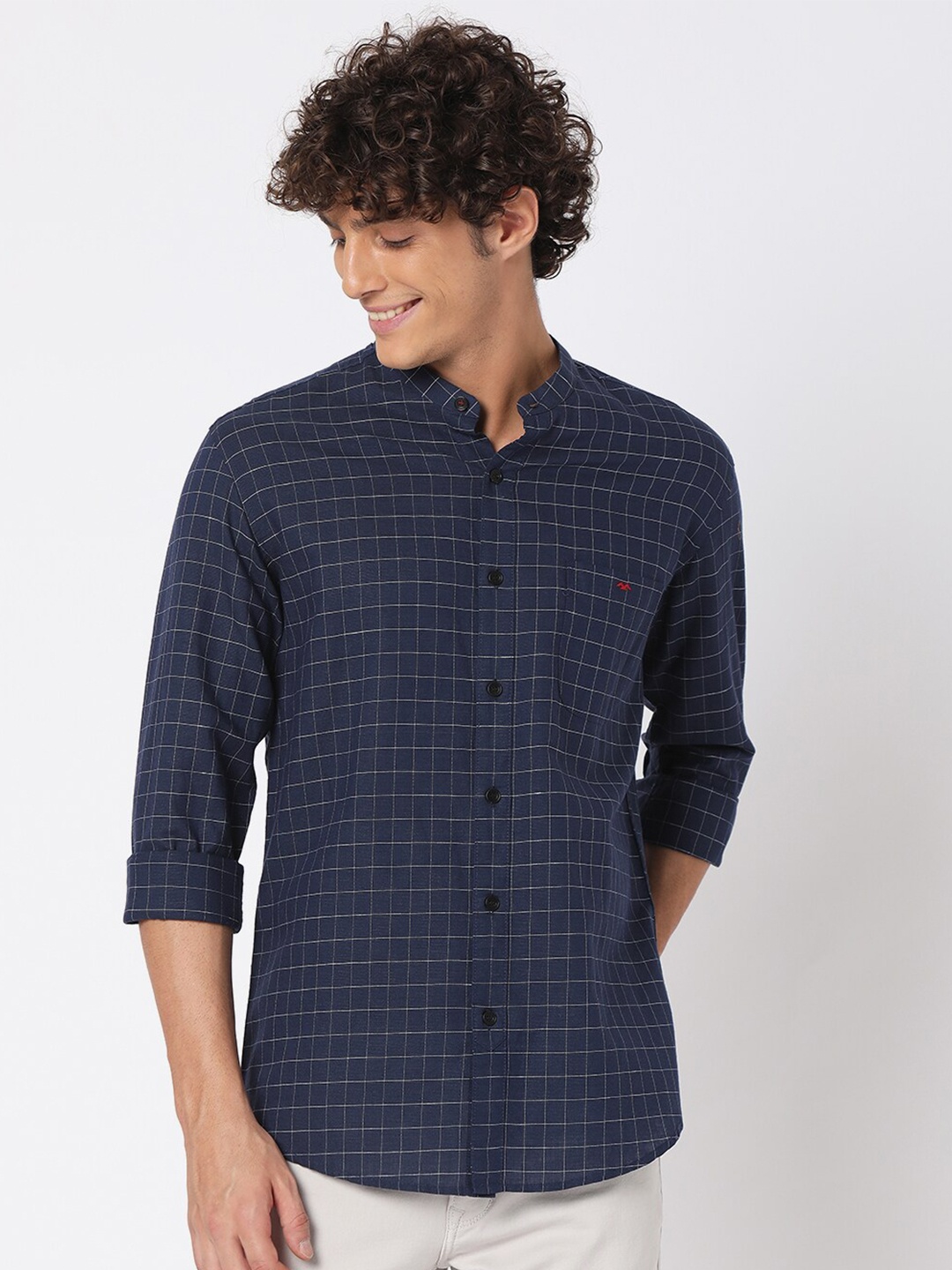 

Mufti Men Classic Slim Fit Grid Tattersall Checked Casual Shirt, Navy blue