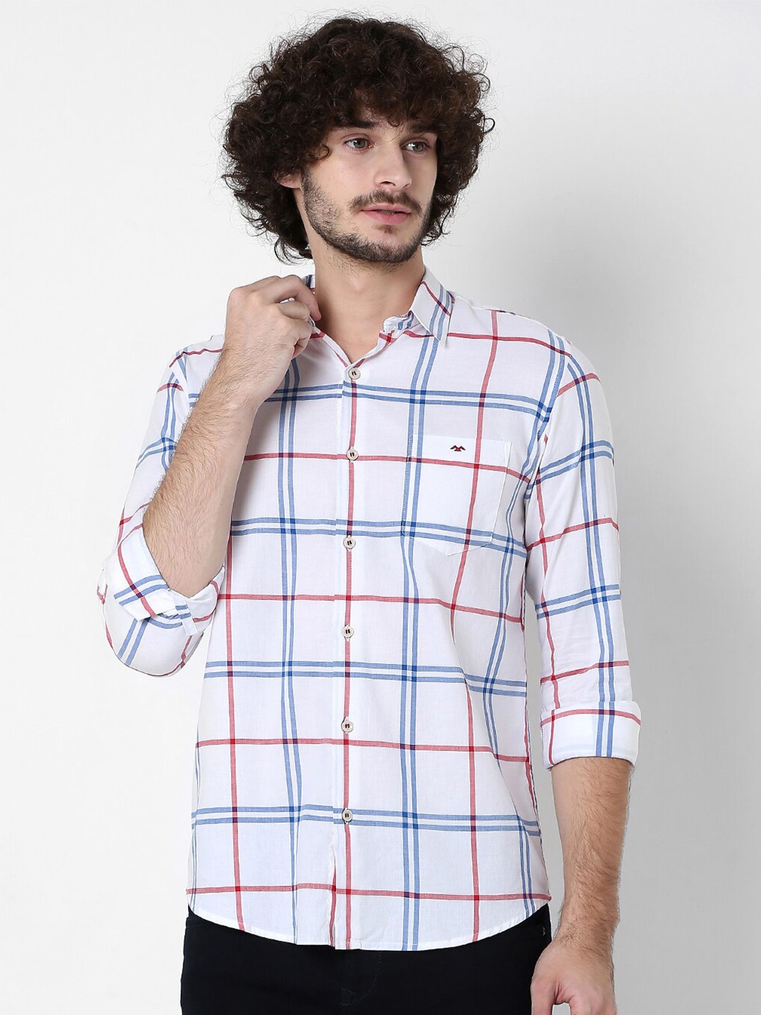 

Mufti Men White Classic Slim Fit Windowpane Checked Casual Cotton Shirt