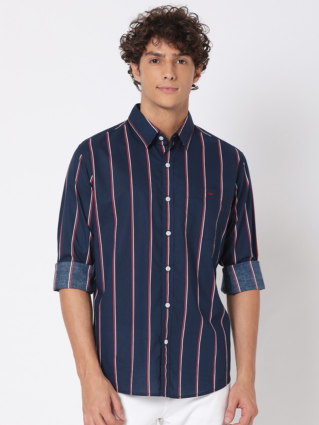 

Mufti Men Navy Blue Classic Slim Fit Striped Casual Shirt