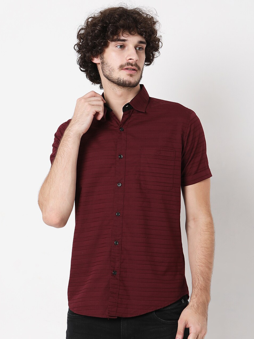 

Mufti Men Classic Slim Fit Horizontal Striped Casual Shirt, Maroon