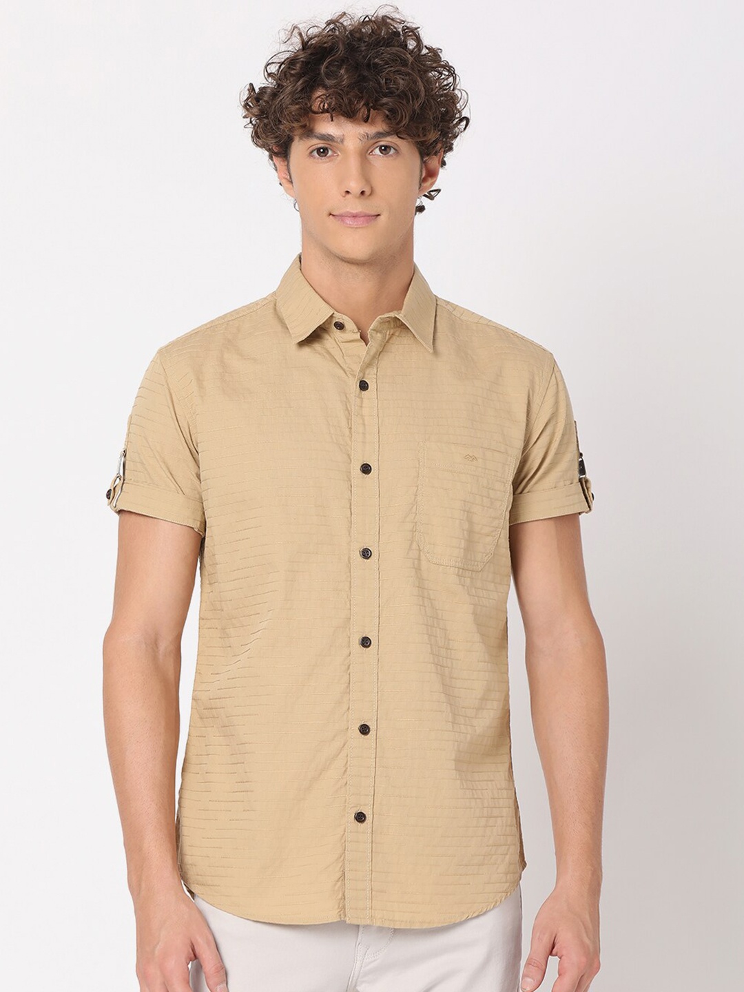 

Mufti Men Classic Slim Fit Striped Casual Shirt, Khaki