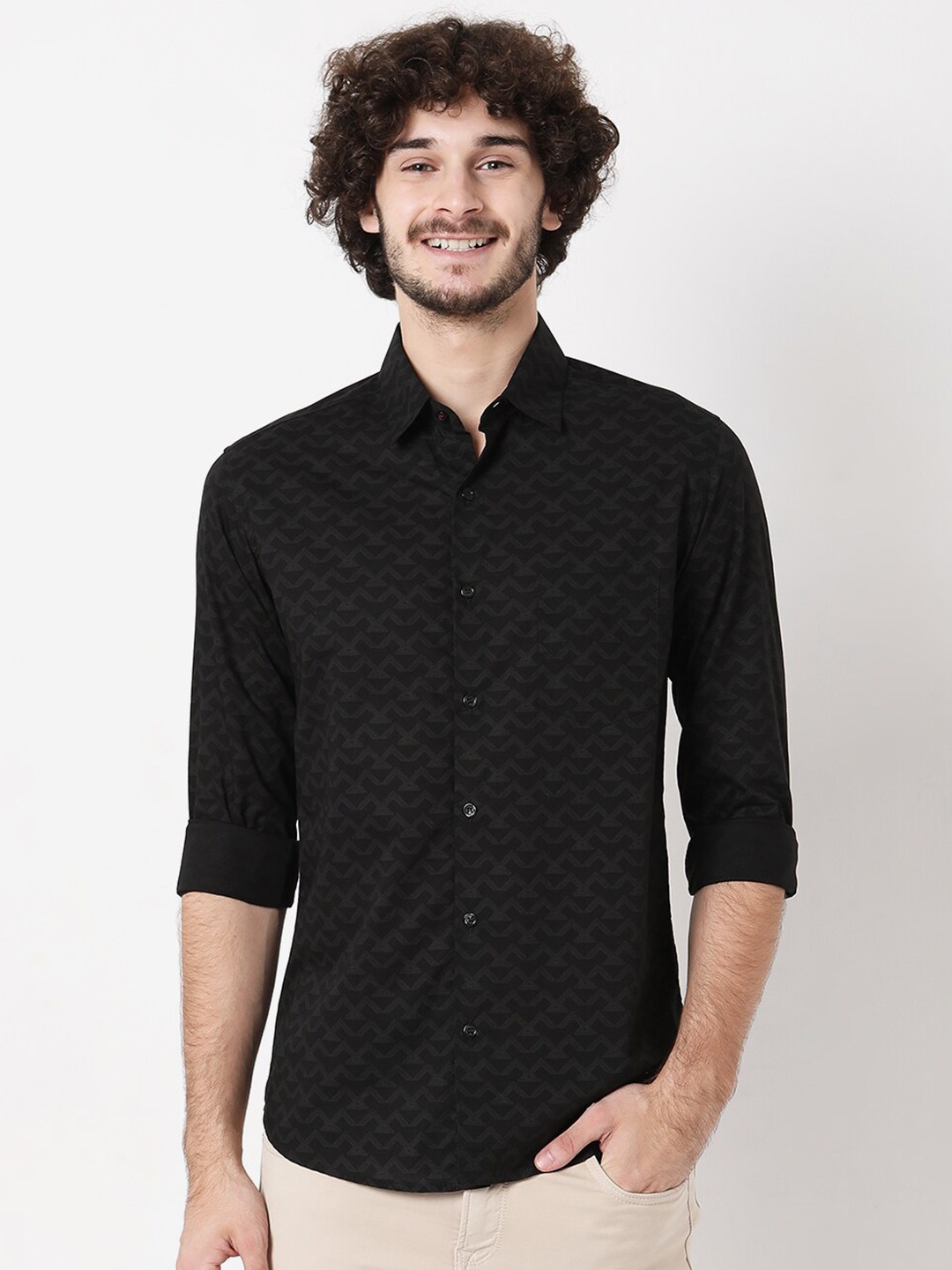 

Mufti Men Classic Slim Fit Printed Casual Shirt, Black