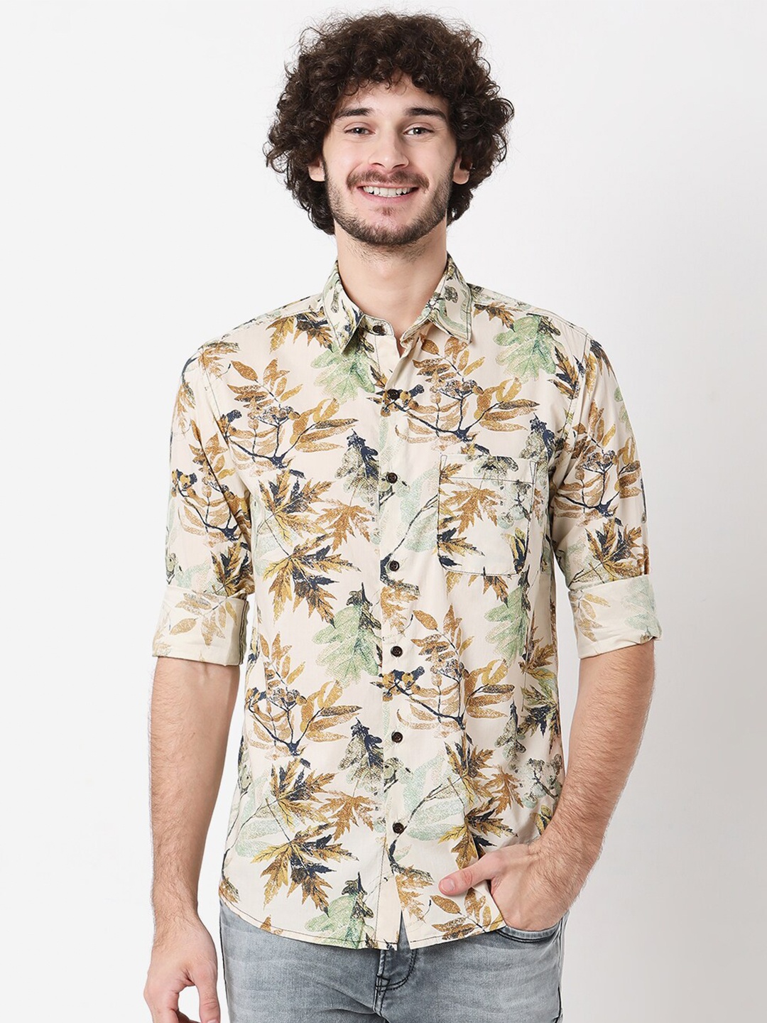 

Mufti Men Classic Slim Fit Floral Printed Casual Shirt, Off white