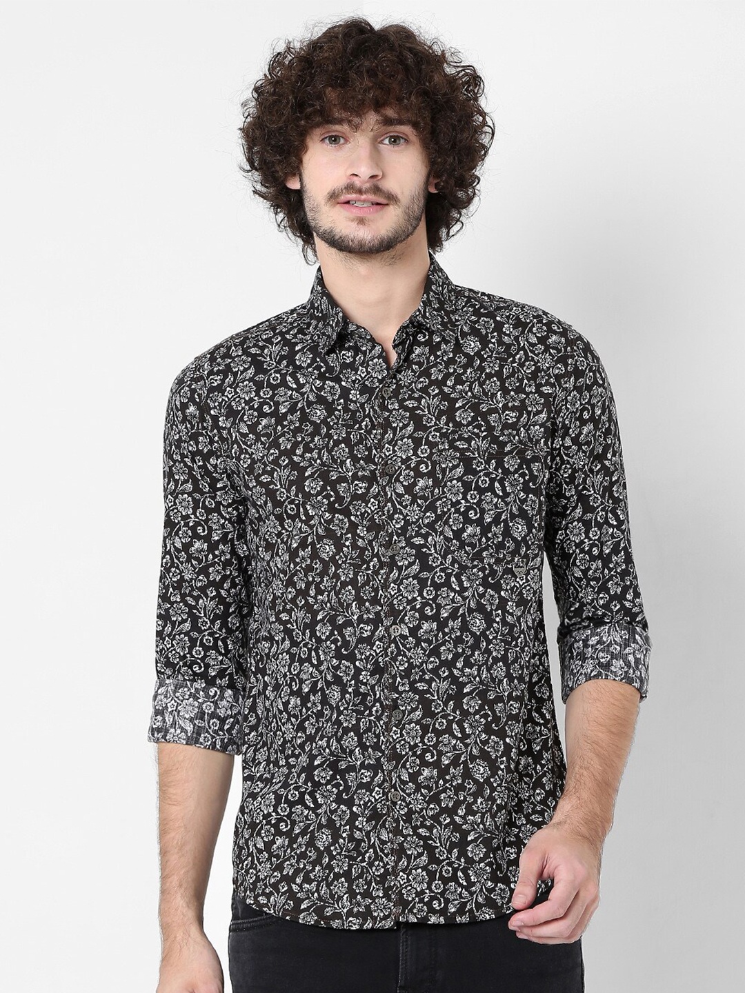 

Mufti Men Classic Slim Fit Floral Printed Casual Shirt, Black