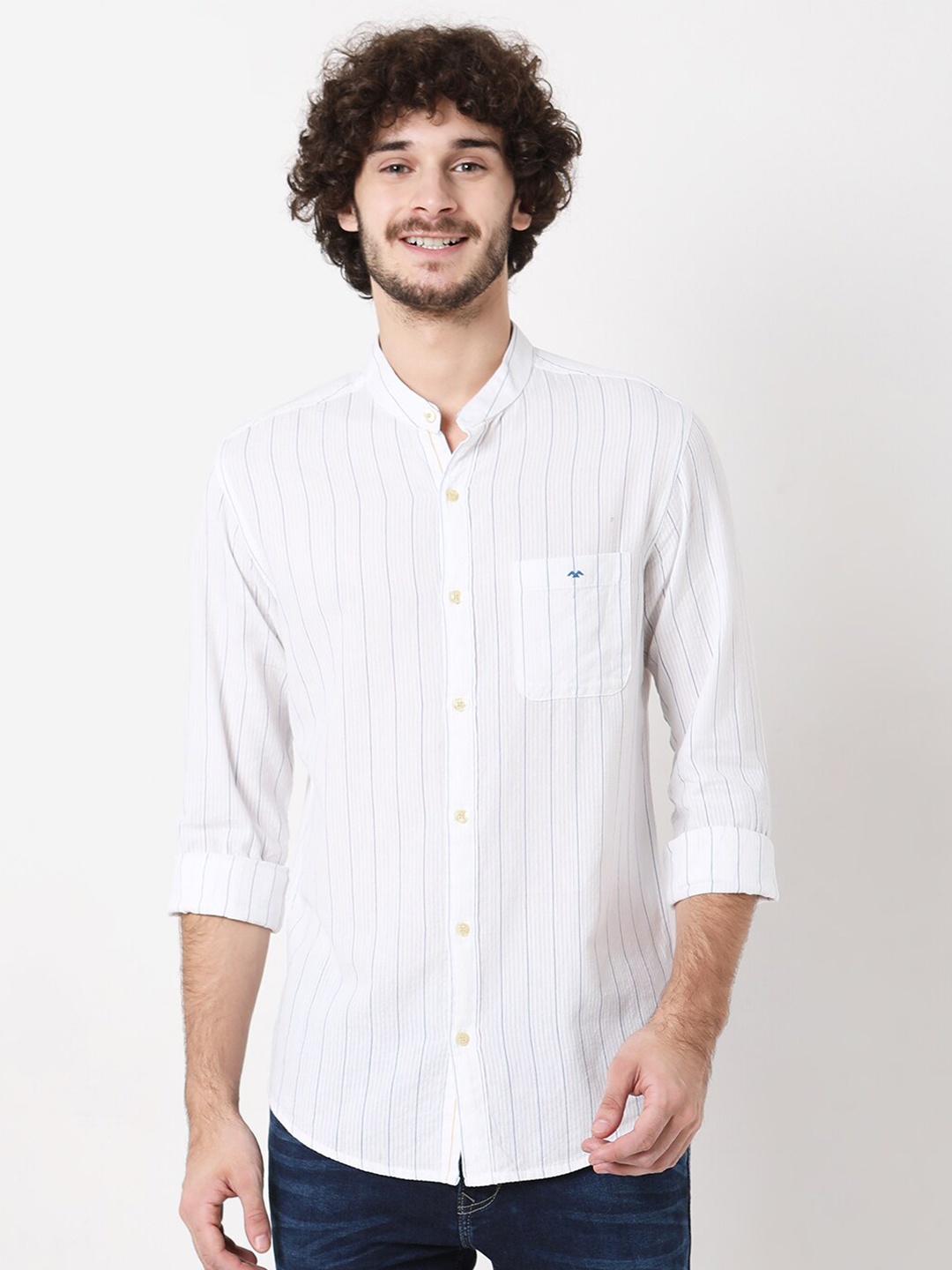 

Mufti Men White Classic Slim Fit Striped Casual Cotton Shirt