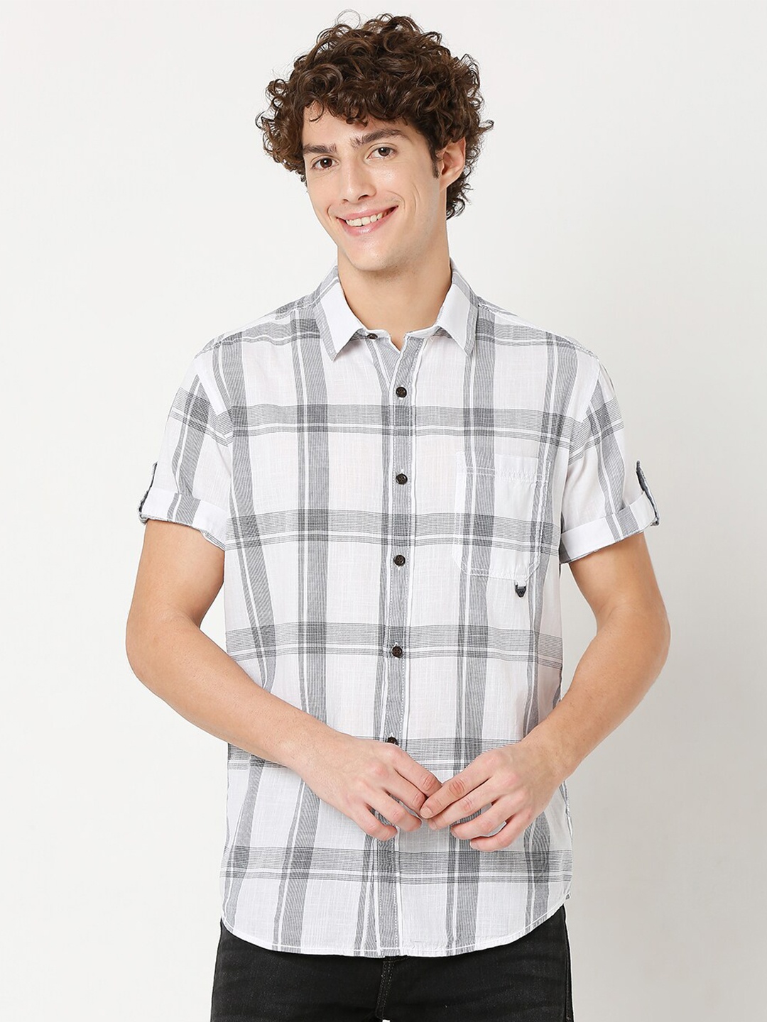 

Mufti Men Classic Slim Fit Checked Casual Shirt, White