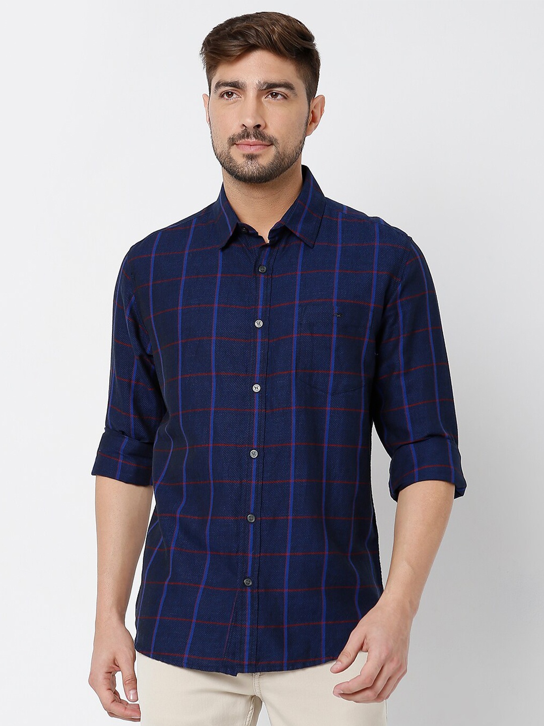 

Mufti Men Classic Slim Fit Tartan Checks Checked Casual Shirt, Navy blue
