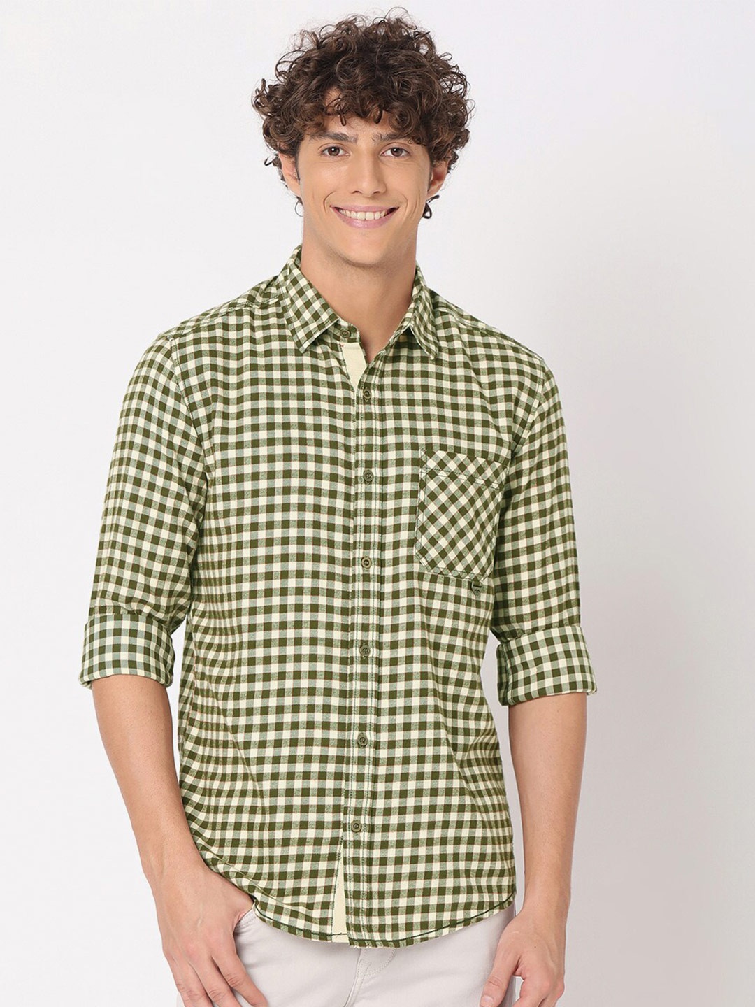 

Mufti Men Classic Slim Fit Gingham Checks Checked Casual Shirt, Green
