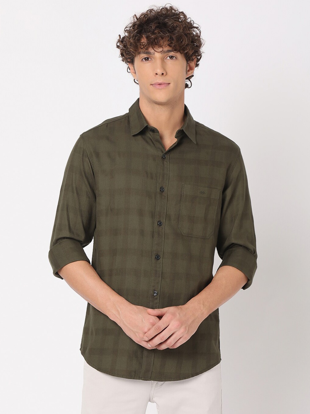 

Mufti Men Classic Slim Fit Buffalo Checks Checked Casual Shirt, Olive