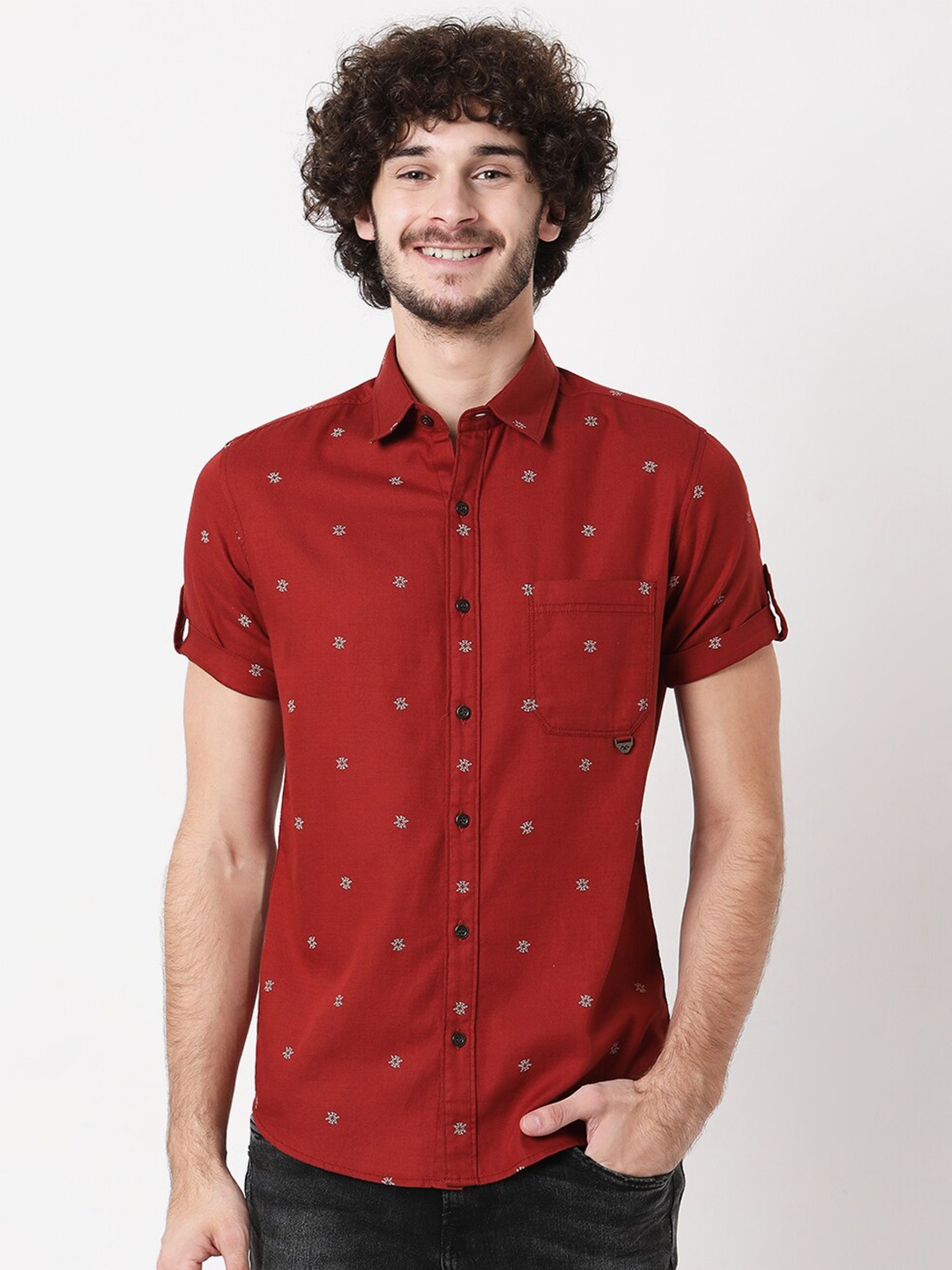 

Mufti Men Classic Slim Fit Printed Casual Shirt, Rust