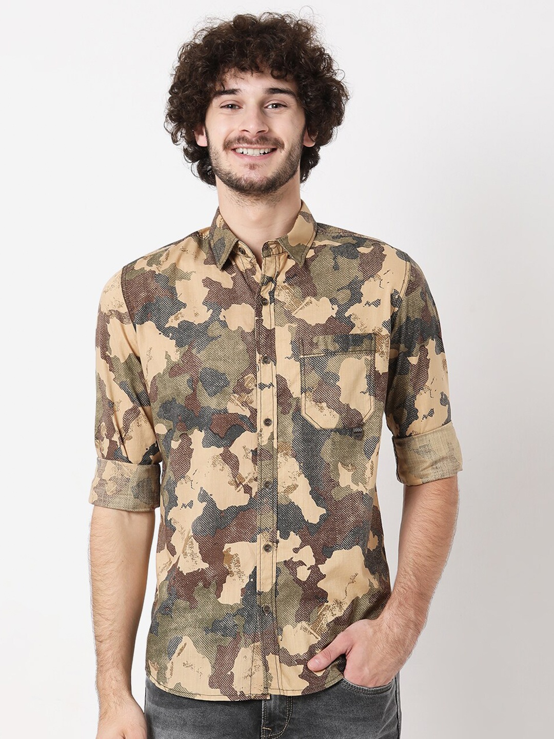 

Mufti Men Classic Slim Fit Printed Casual Shirt, Khaki